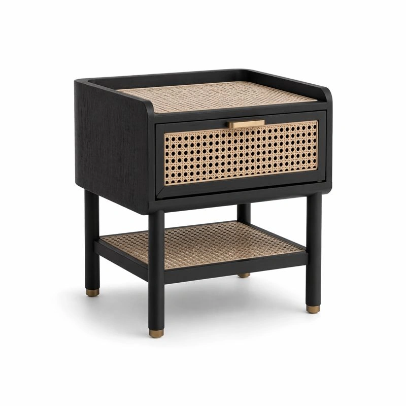 Mesita de noche negra con ratan y estante-selviao